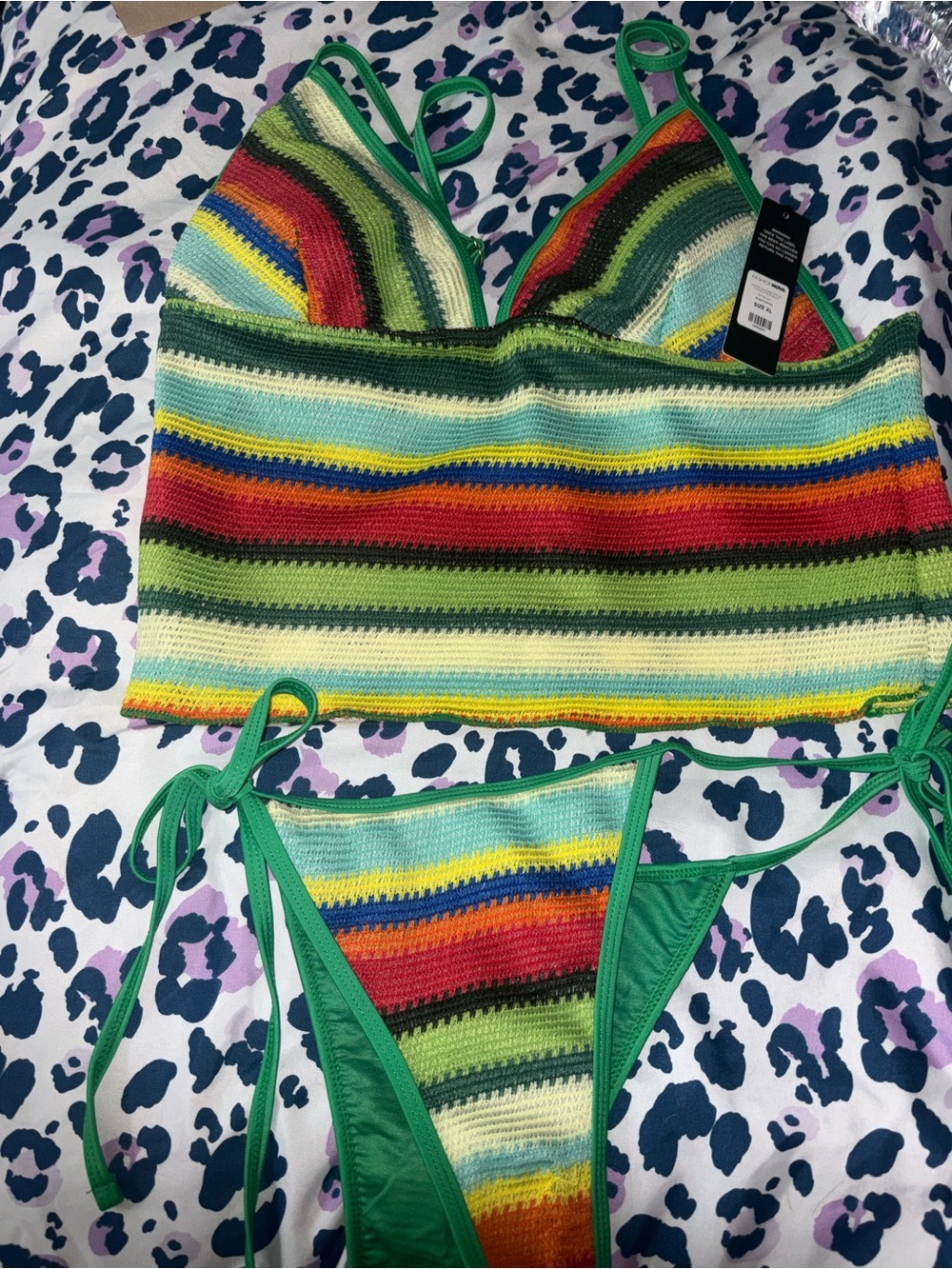 Fashion Nova Green Trim Multi-Stripe Crochet Bikini Set